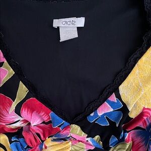 Cache Black Floral V-Neck Top with Pink, Blue & Yellow Blooms